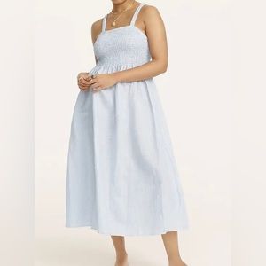 J Crew BF192 NWT Size Small Smocked Beach Dress in Blue Linen-Cotton Stripe
